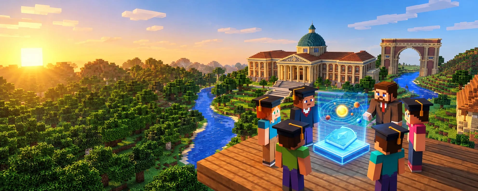 Campus virtual da CraftSapiens no Minecraft: alunos e professor ao redor de um holograma do sistema solar